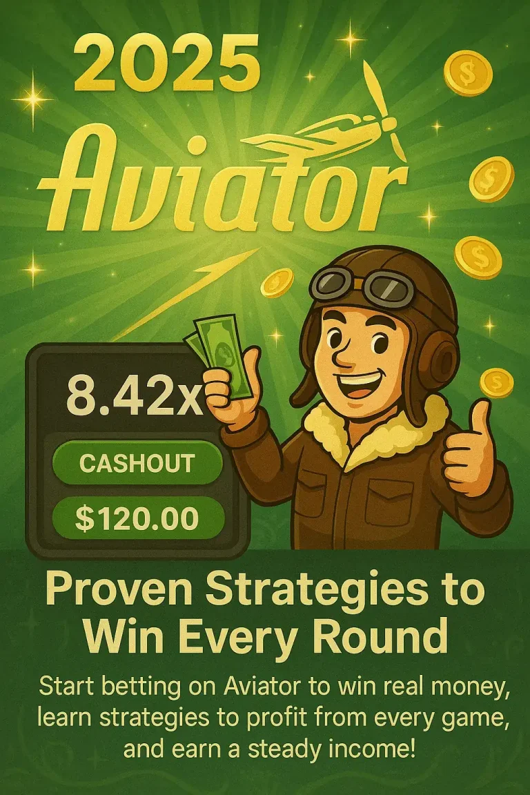 Promotional poster for 2025 aviator showing a cartoon pilot holding cash, a game multiplier of 8.42x, and a $120 cashout, with text promoting proven strategies to win every round.