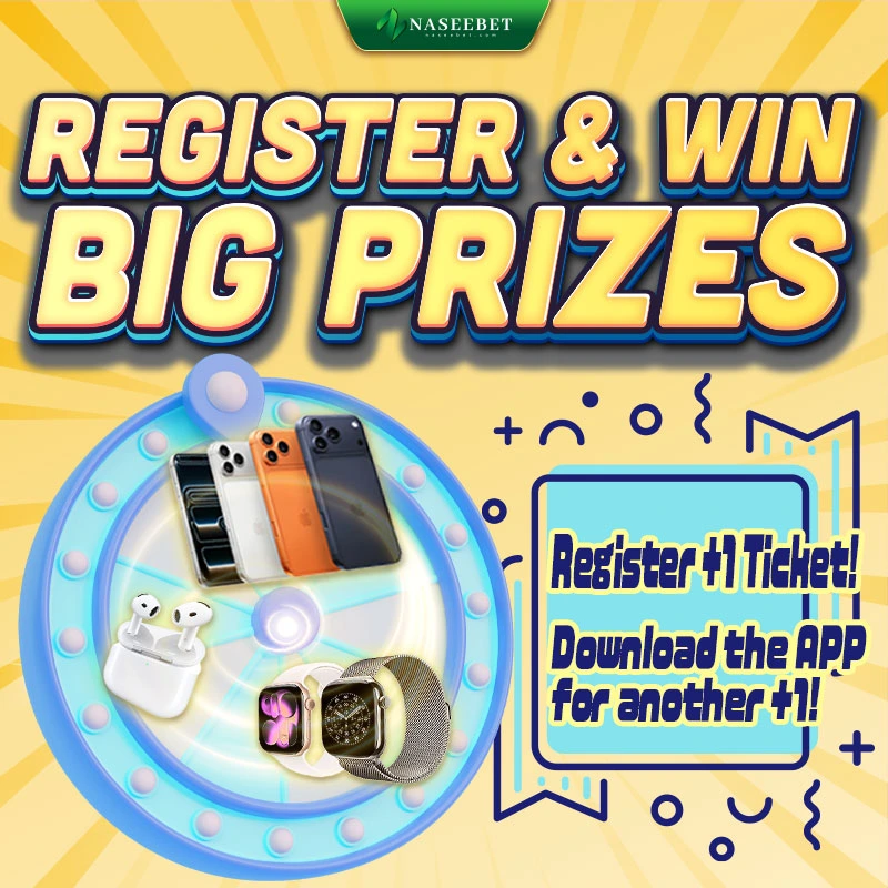 Register and win big prizes banner with a lucky wheel showing iPhone, AirPods and Apple Watch, plus text that new users get one ticket for signing up and another for downloading the Naseebet app.