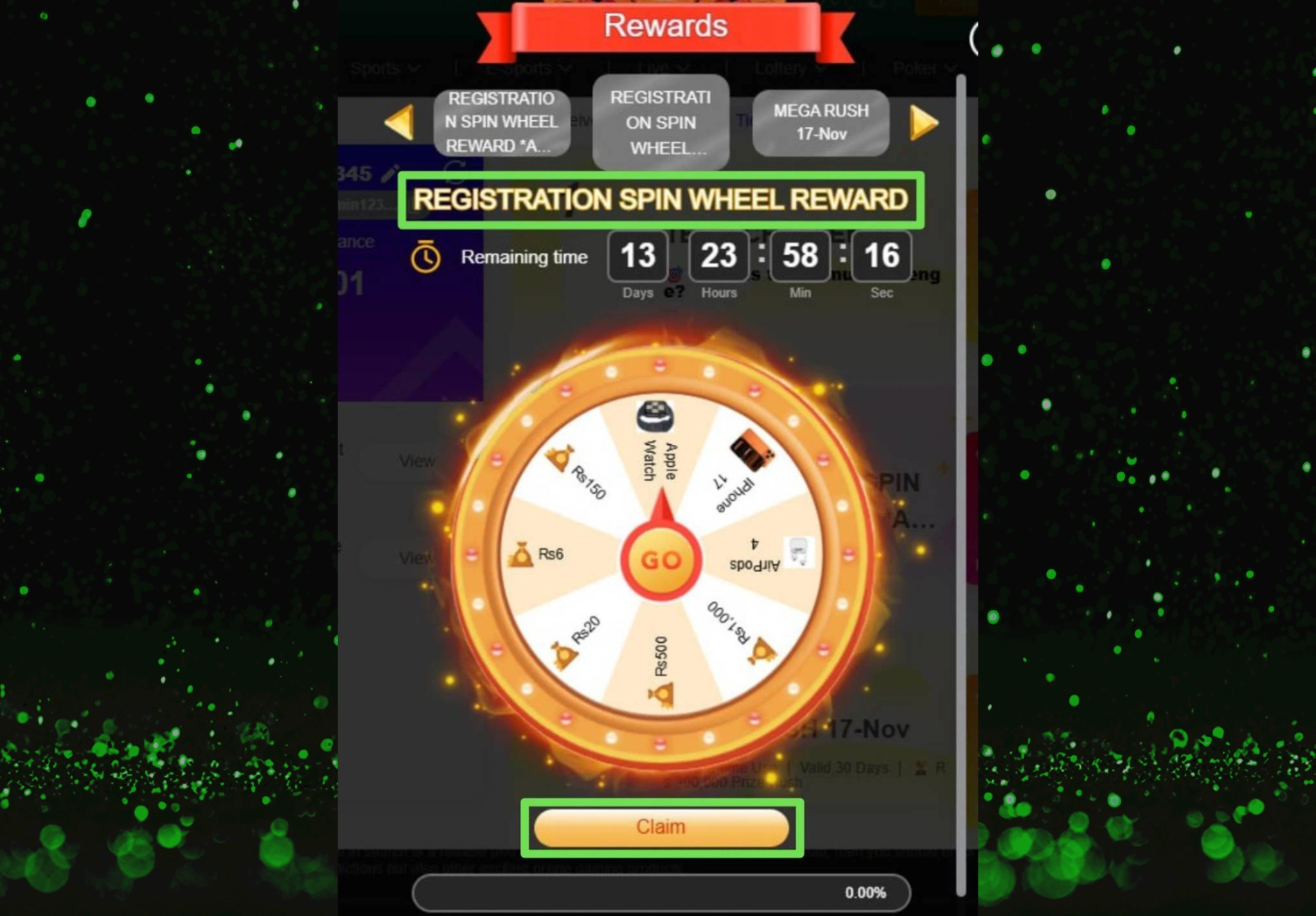Rewards page displaying the Naseebet Registration Spin Wheel with cash and Apple prizes and a Claim button for the no deposit bonus spin.