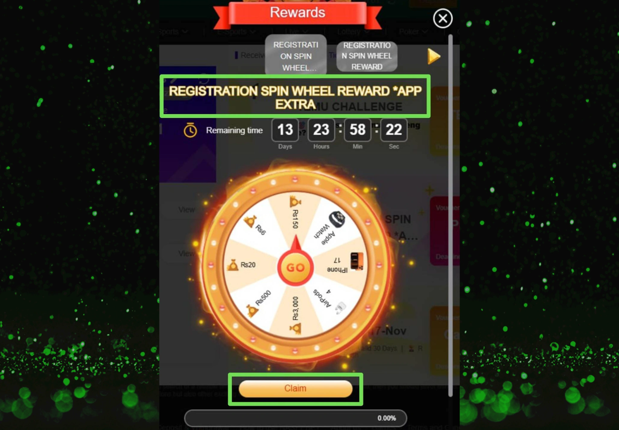 Rewards page showing the REGISTRATION SPIN WHEEL REWARD *APP EXTRA on Naseebet with cash and Apple prizes and the Claim button highlighted for the no deposit bonus spin.