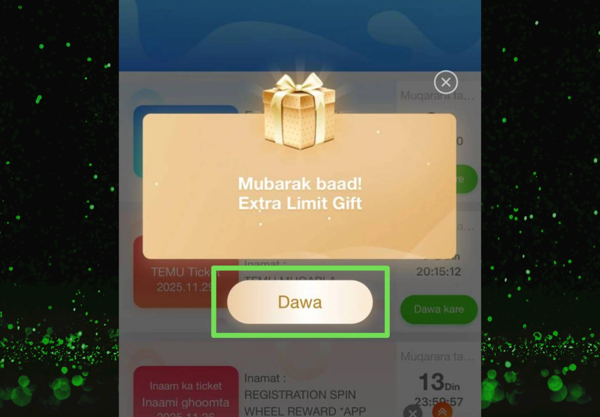 Popup on the Naseebet app with a gift box and text “Mubarak baad! Extra Limit Gift” showing the Dawa button to confirm the no deposit casino bonus.