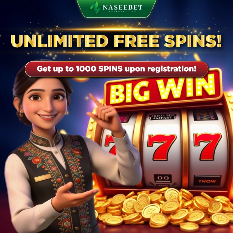 Naseebet sign up bonus banner saying “Unlimited Free Spins” and “Get up to 1000 spins upon registration”, with a smiling hostess pointing at a slot machine and coins, promoting online casino real money rewards.