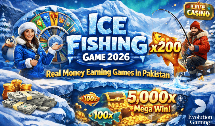 Promotional banner of Ice Fishing Game showing a snowy landscape with a host, spinning wheel, fisherman catching a glowing fish, and highlights of real money rewards, multipliers, and casino-style gameplay.