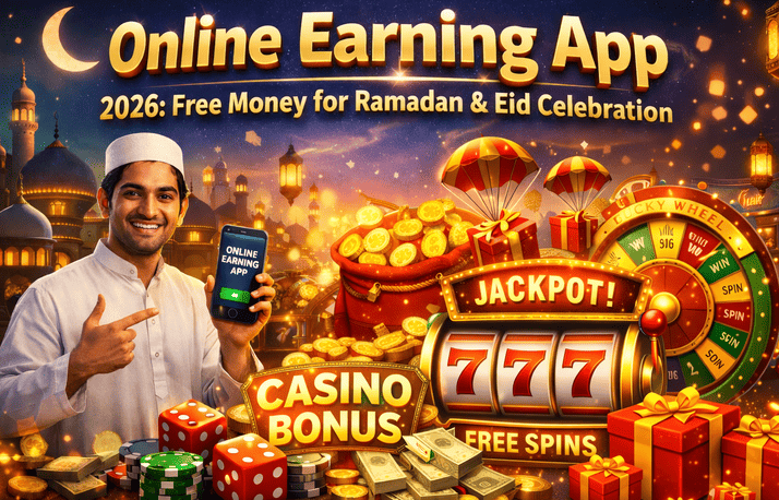 A festive Ramadan and Eid themed casino-style promo banner showing a smiling man holding a phone with the online earning app, alongside gold coins, gifts, dice, a lucky wheel, and a 777 jackpot sign advertising bonuses and free spins.