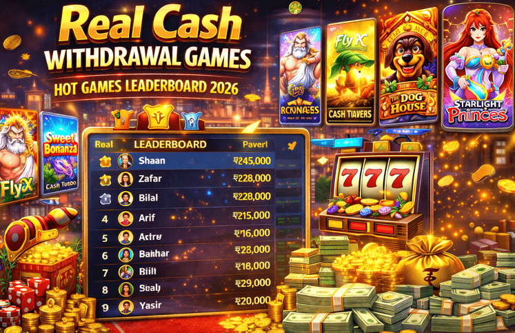 Promotional image for Real Cash Withdrawal Games 2026 showing a player leaderboard, several slot game displays, cash stacks, gold coins, and casino elements designed for a Hot Games Leaderboard campaign.