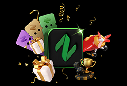 naseebet celebration graphic features the green logo surrounded by colorful gifts, a trophy, a red airplane, festive confetti, and game-themed icons.