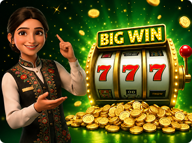 naseebet casino scene features a smiling woman presenting a Big Win slot machine with triple 777 symbols, surrounded by glowing gold coins and festive lights.